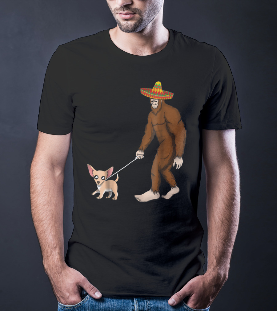 Bigfoot Sombrero Walking Chihuahua Cinco De Mayo T-Shirt
