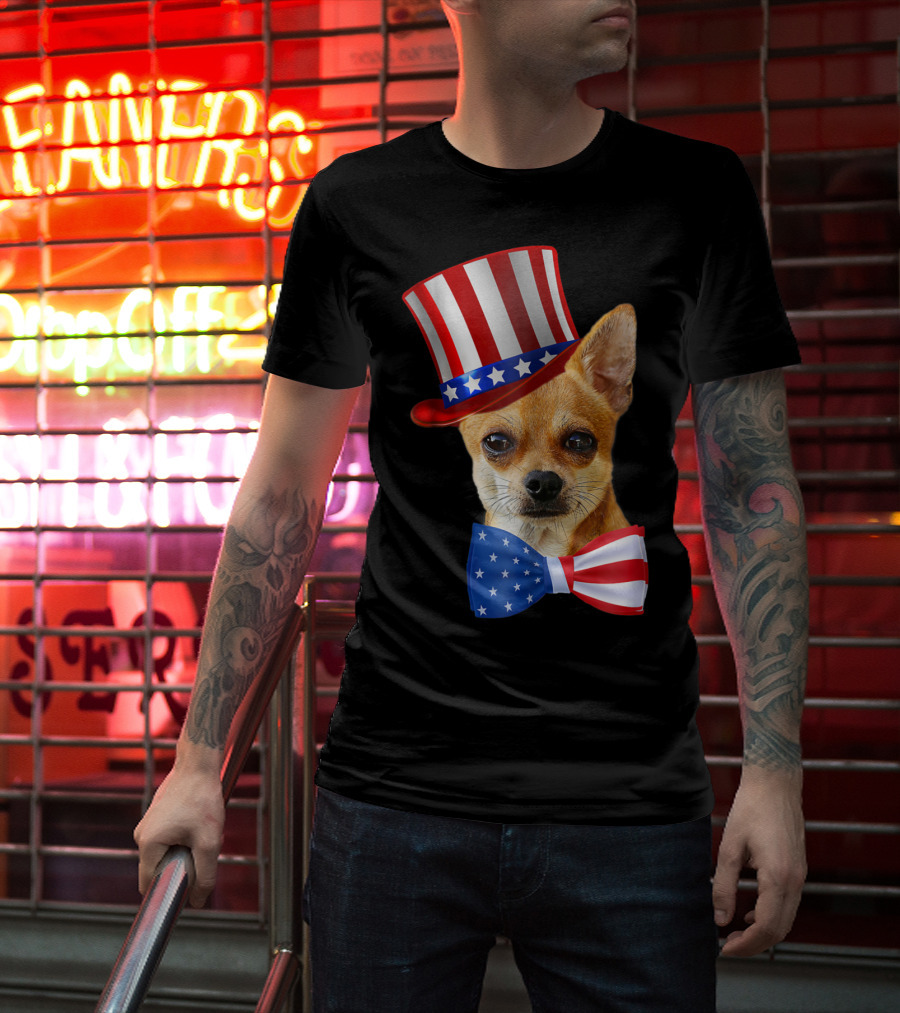 Chihuahua Uncle Sam Hat And Bowtie American Flag T-Shirt