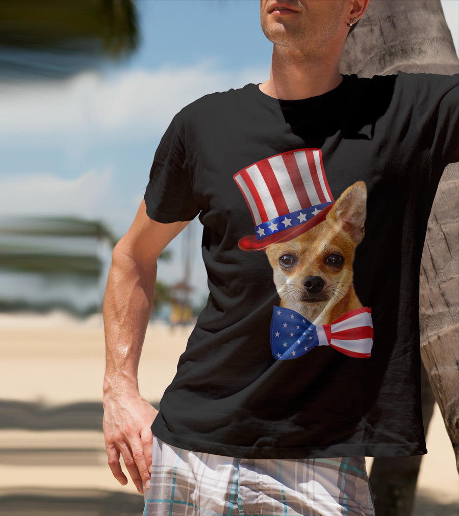 Chihuahua Uncle Sam Hat And Bowtie American Flag T-Shirt