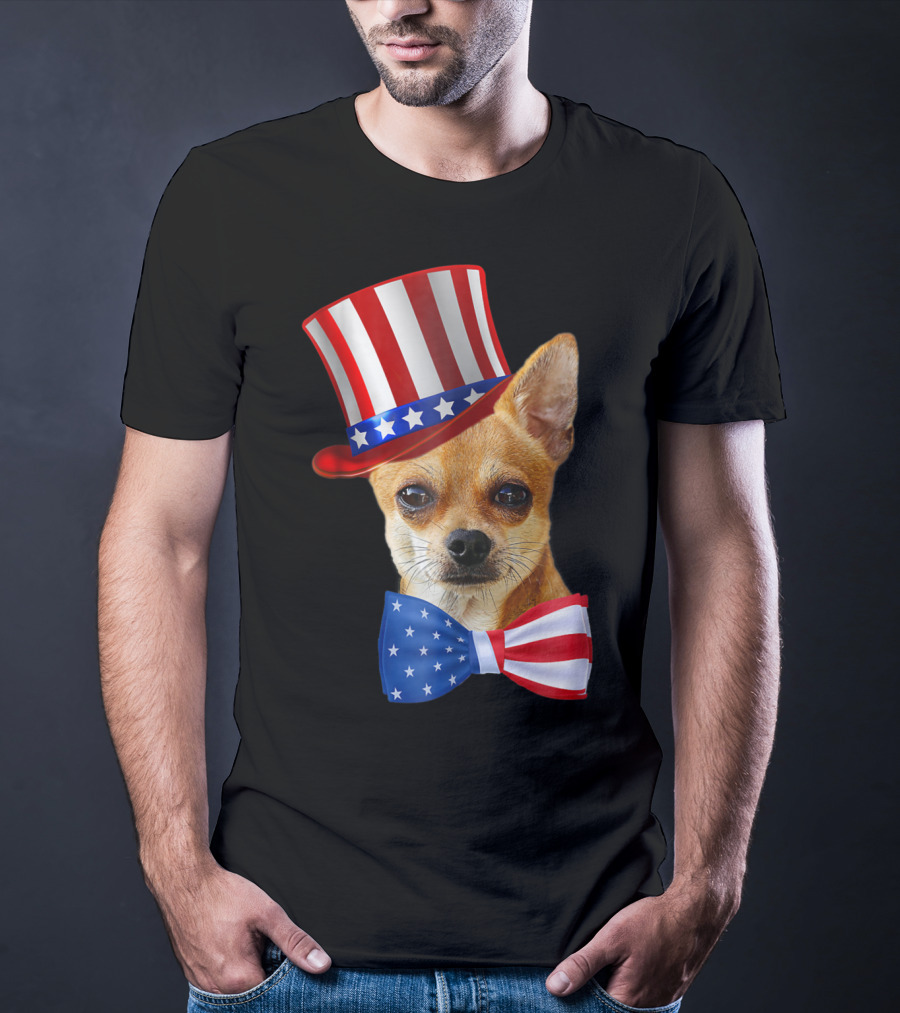 Chihuahua Uncle Sam Hat And Bowtie American Flag T-Shirt