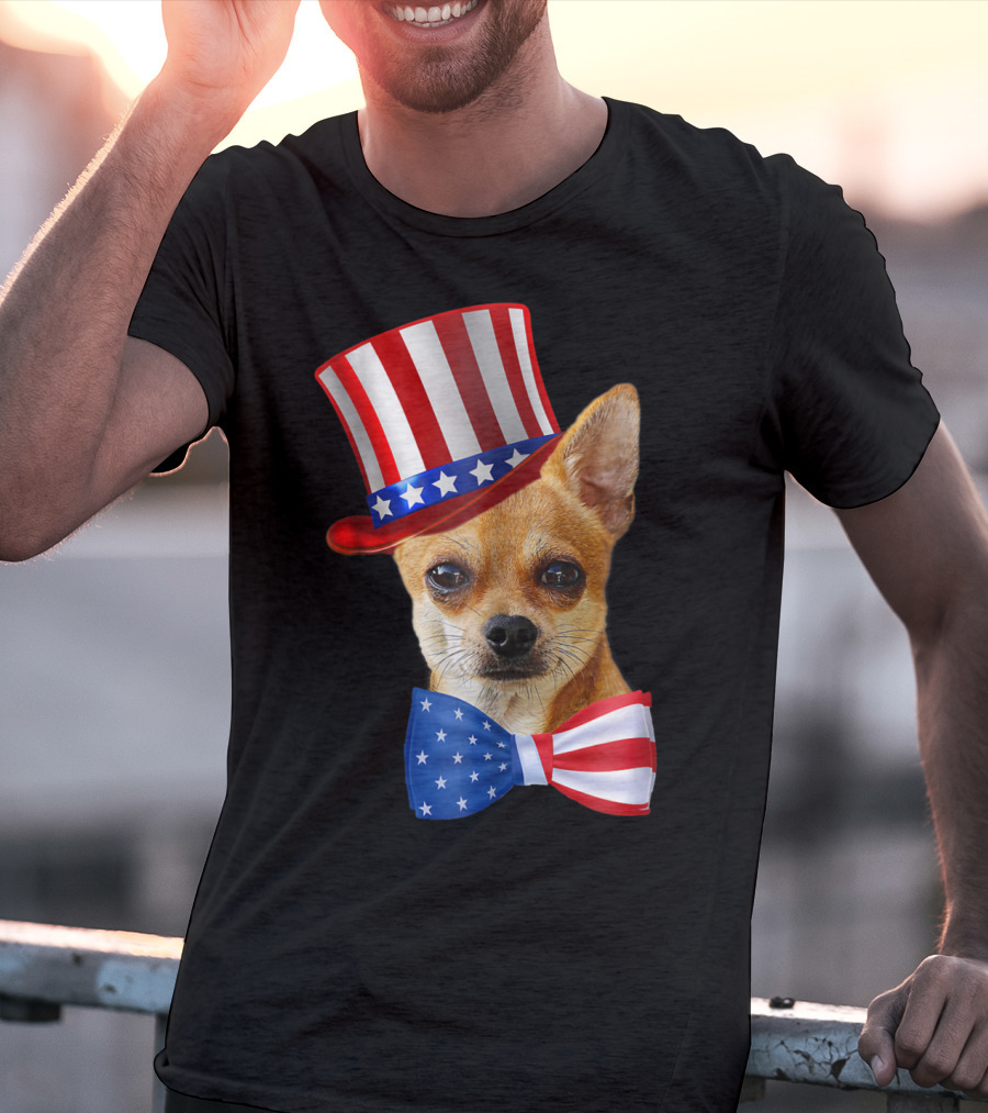 Chihuahua Uncle Sam Hat And Bowtie American Flag T-Shirt