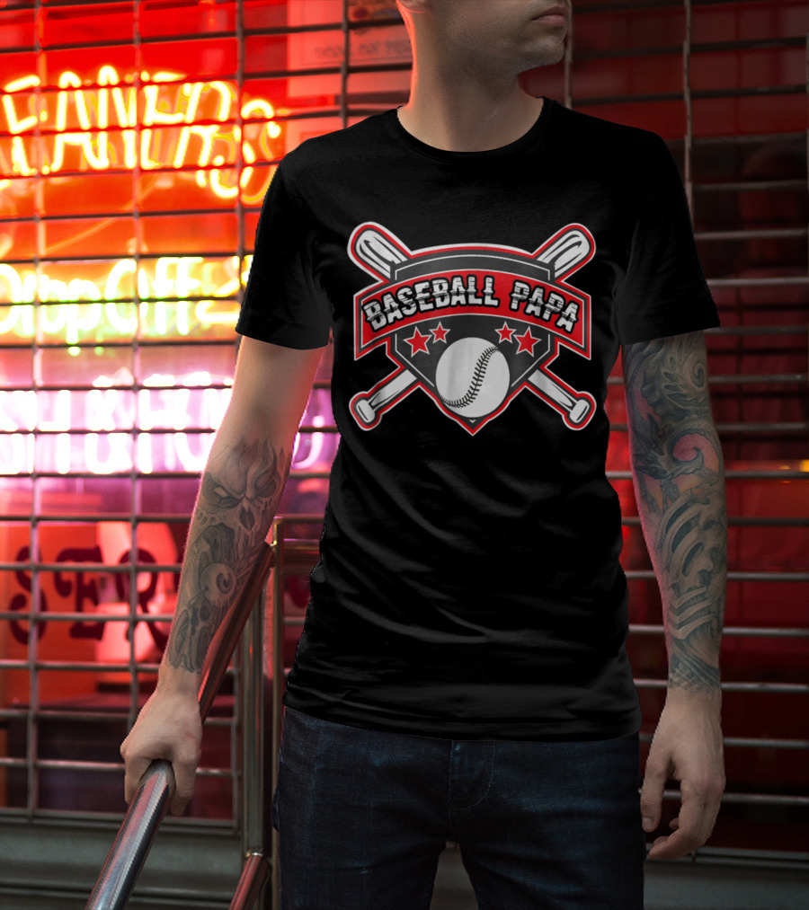Baseball Papa Shield With Crossed Bats And Stars T-Shirt