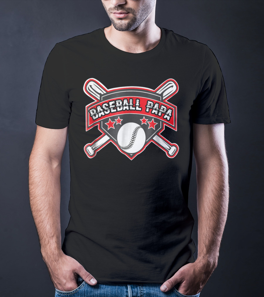 Baseball Papa Shield With Crossed Bats And Stars T-Shirt