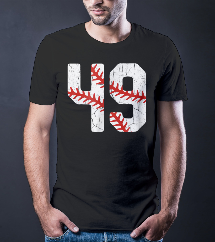 Baseball Player Jersey Number 49 Red Stitching T-Shirt