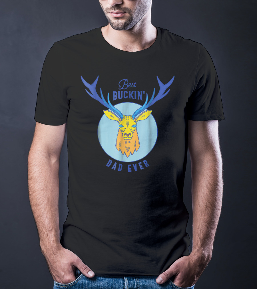 Best Buckin' Dad Ever Deer Hunting Stag Head Blue And Yellow Circle T-Shirt