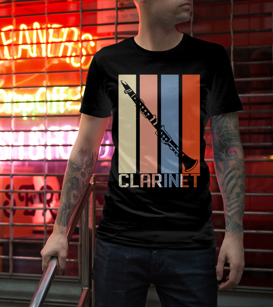 Clarinet Marching Band Dad High School Retro Instrument Stripes T-Shirt