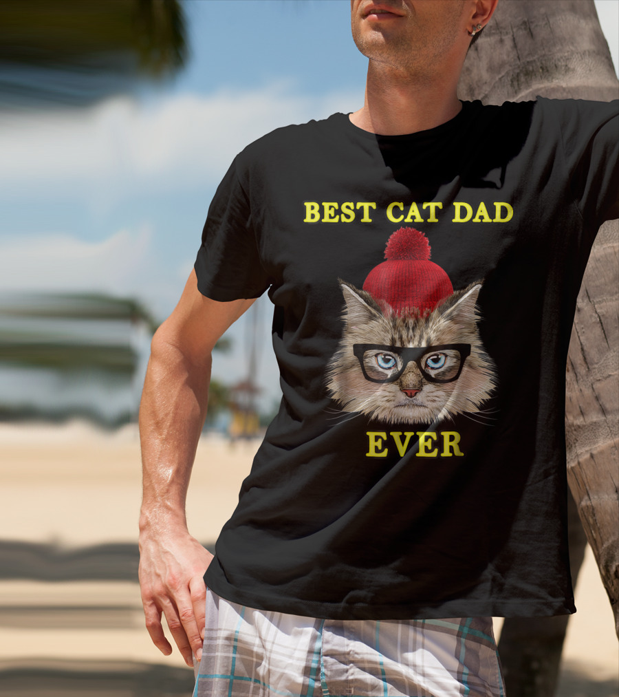 Best Cat Dad Ever Funny Pictoplast91 Red Beanie Glasses Cat T-Shirt