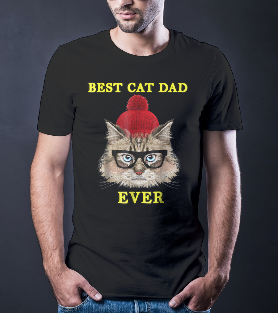 Best Cat Dad Ever Funny Pictoplast91 Red Beanie Glasses Cat T-Shirt