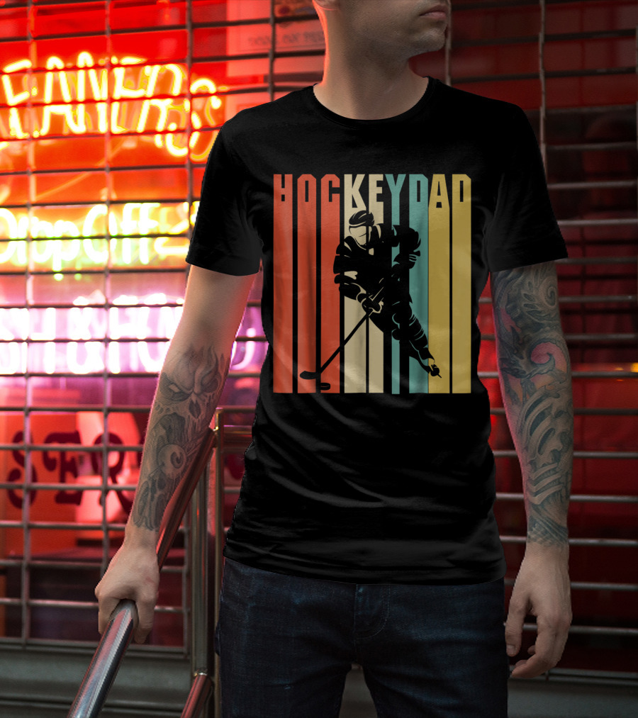 Classic Vintage Hockey Dad Player Silhouette Retro Stripes T-Shirt