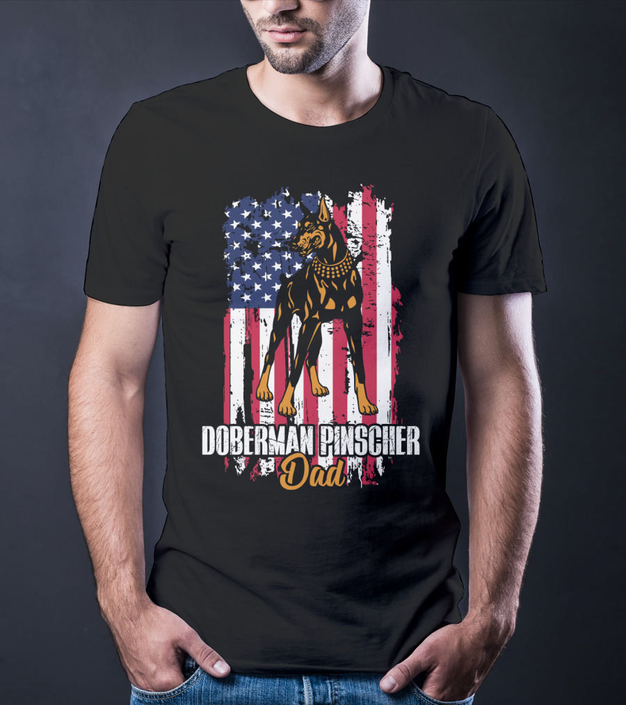 Doberman Pinscher Dad American Flag T-Shirt