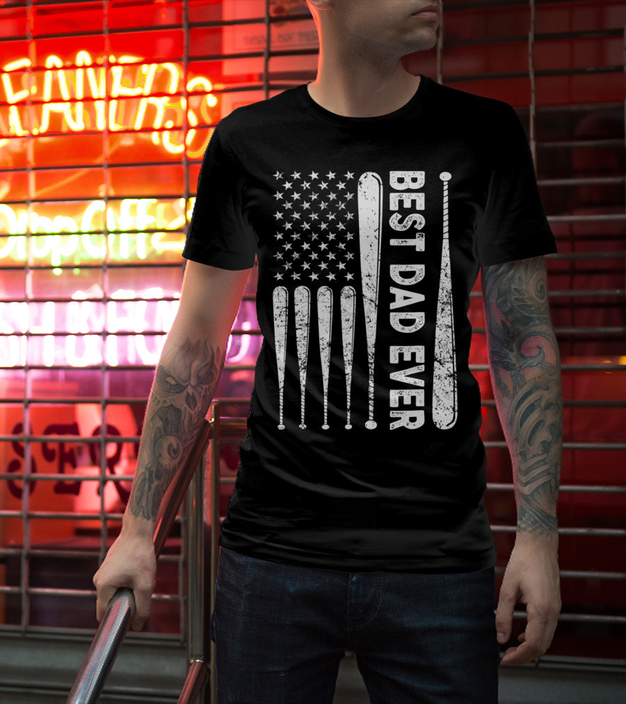Best Dad Ever American Flag Baseball SoftballUSA T-Shirt