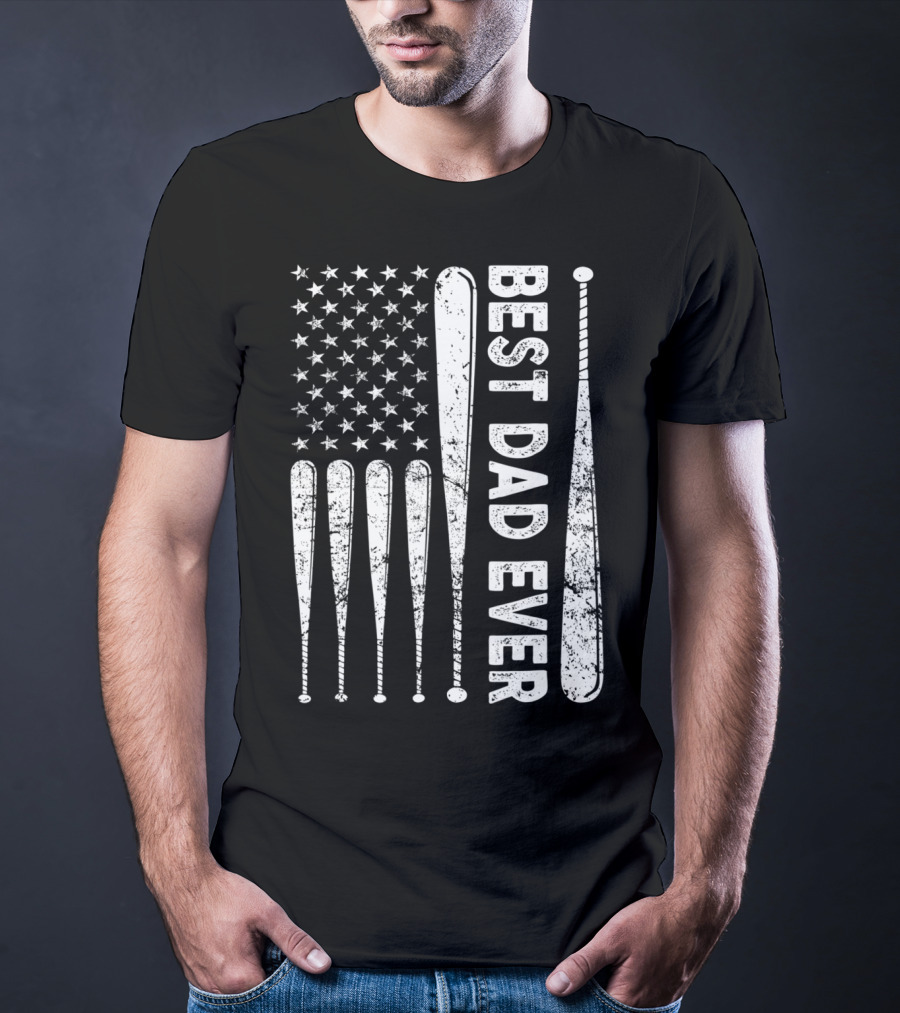 Best Dad Ever American Flag Baseball SoftballUSA T-Shirt