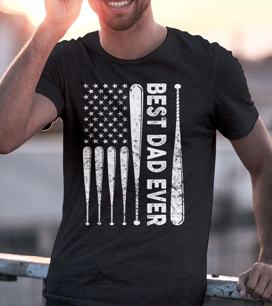 Best Dad Ever American Flag Baseball SoftballUSA T-Shirt