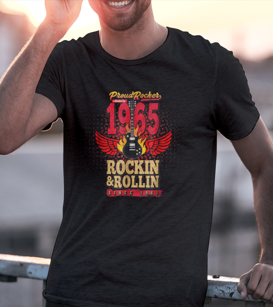 Proud Rocker Made In 1965 Rockin And Rollin Since 1965 Flaming Wing Guitar T-Shirt