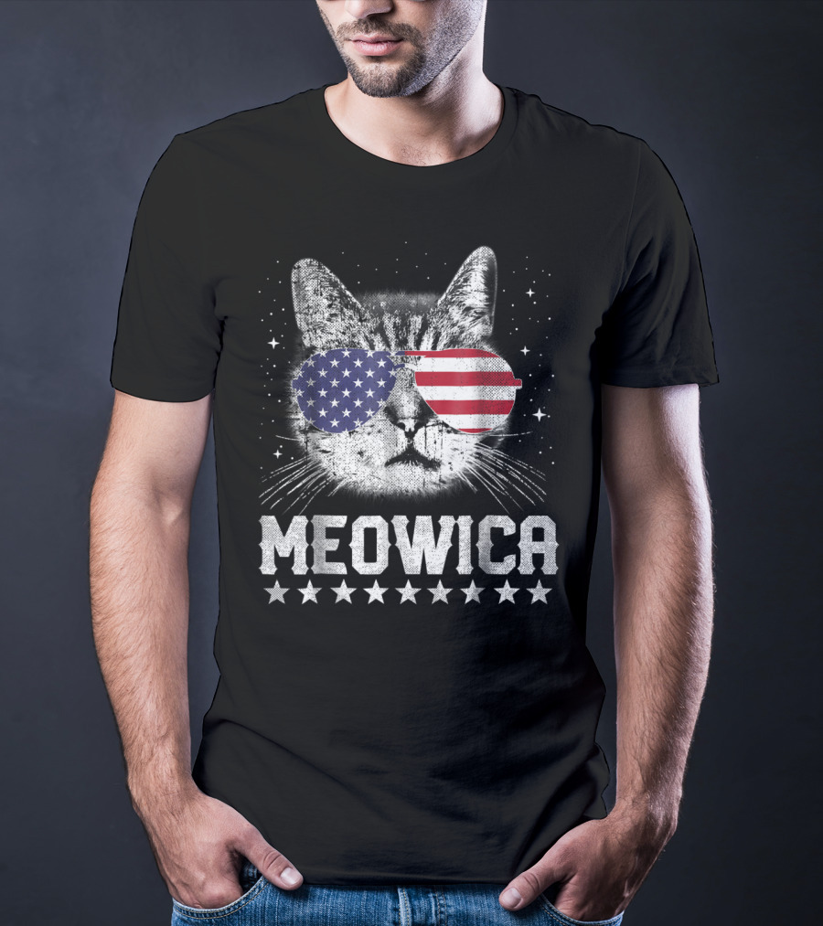 MEOWICA American Flag Cat With USA Sunglasses Stars T-Shirt
