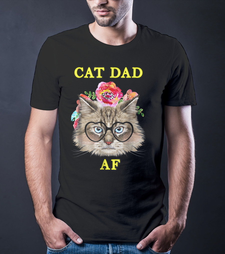 Funny Cat Dad AF With Floral Bouquet And Glasses T-Shirt