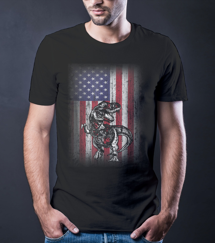 Dinosaur Rex Patriotic American Flag First Time Dad T-Shirt