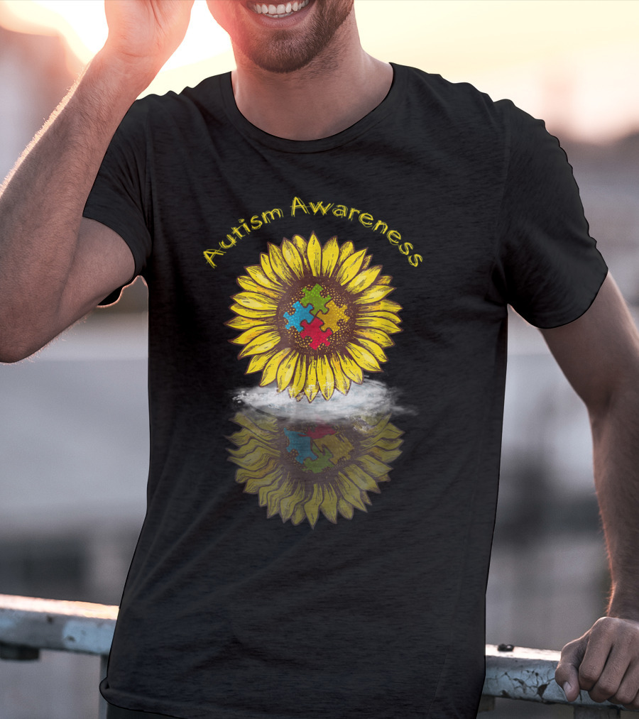 Autism Awareness Sunflower With Puzzle Piece Reflection In Water T-Shirt