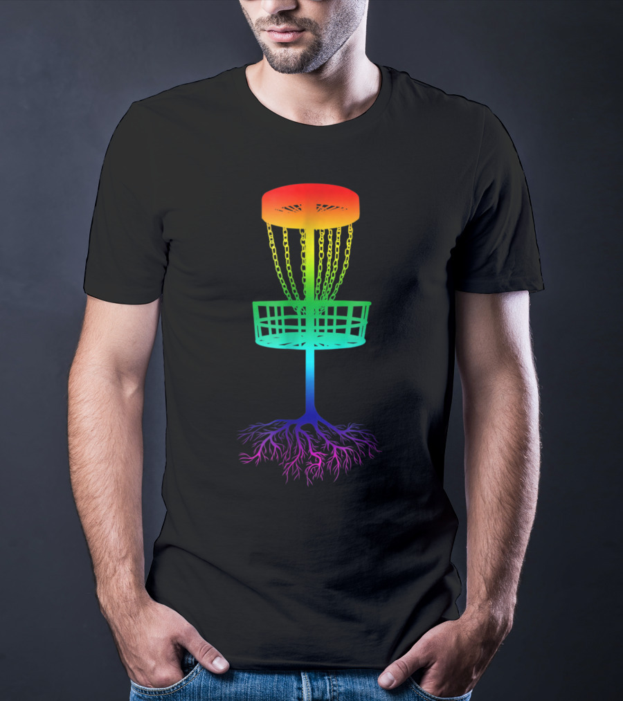 Rainbow Disc Golf Basket With Vibrant Roots T-Shirt