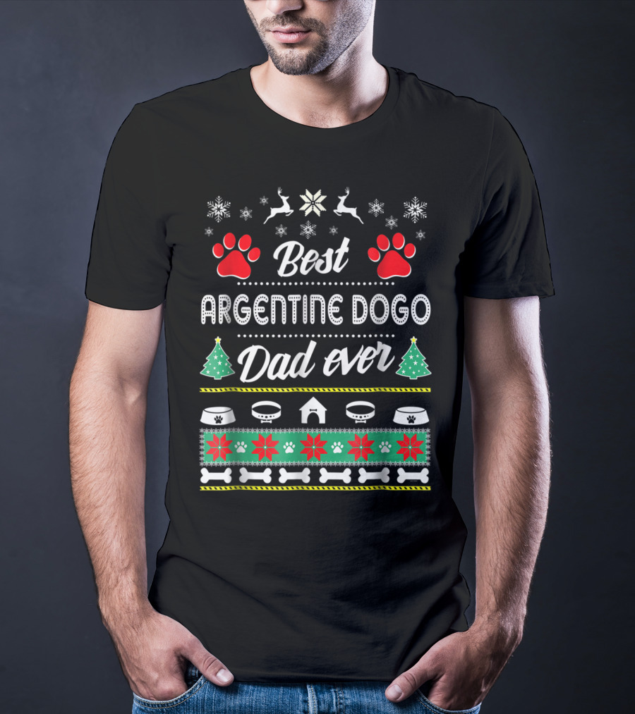 Best Argentine Dogo Dad Ever Christmas Paws Snowflakes Trees T-Shirt