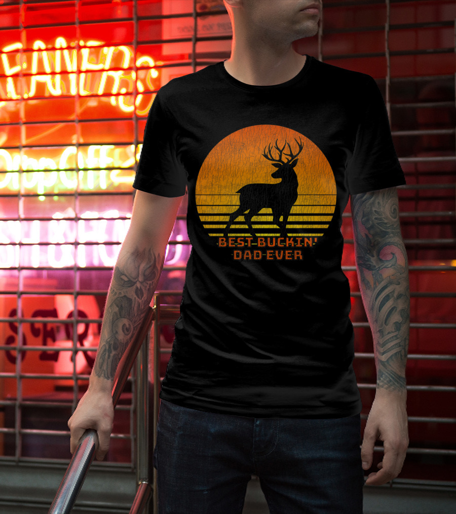 Best Buckin Dad Ever Fun Deer Hunting Retro Sunset T-Shirt