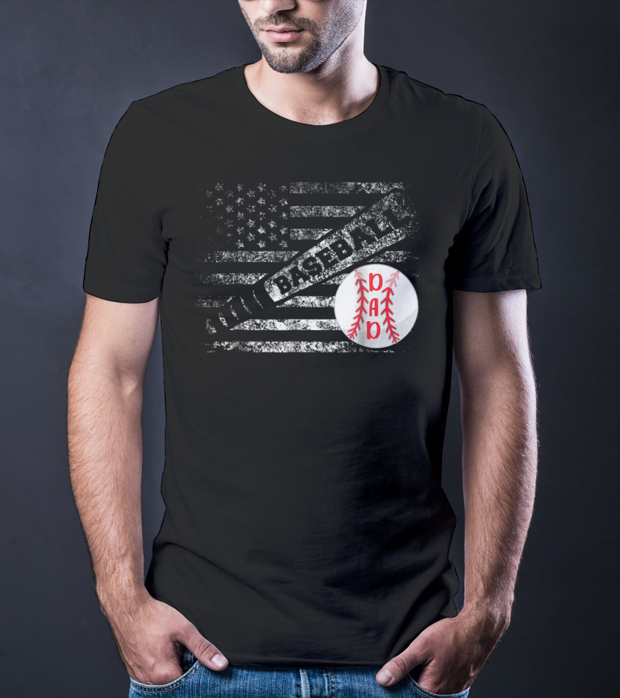 Baseball Dad American Flag With Bat And Ball T-Shirt