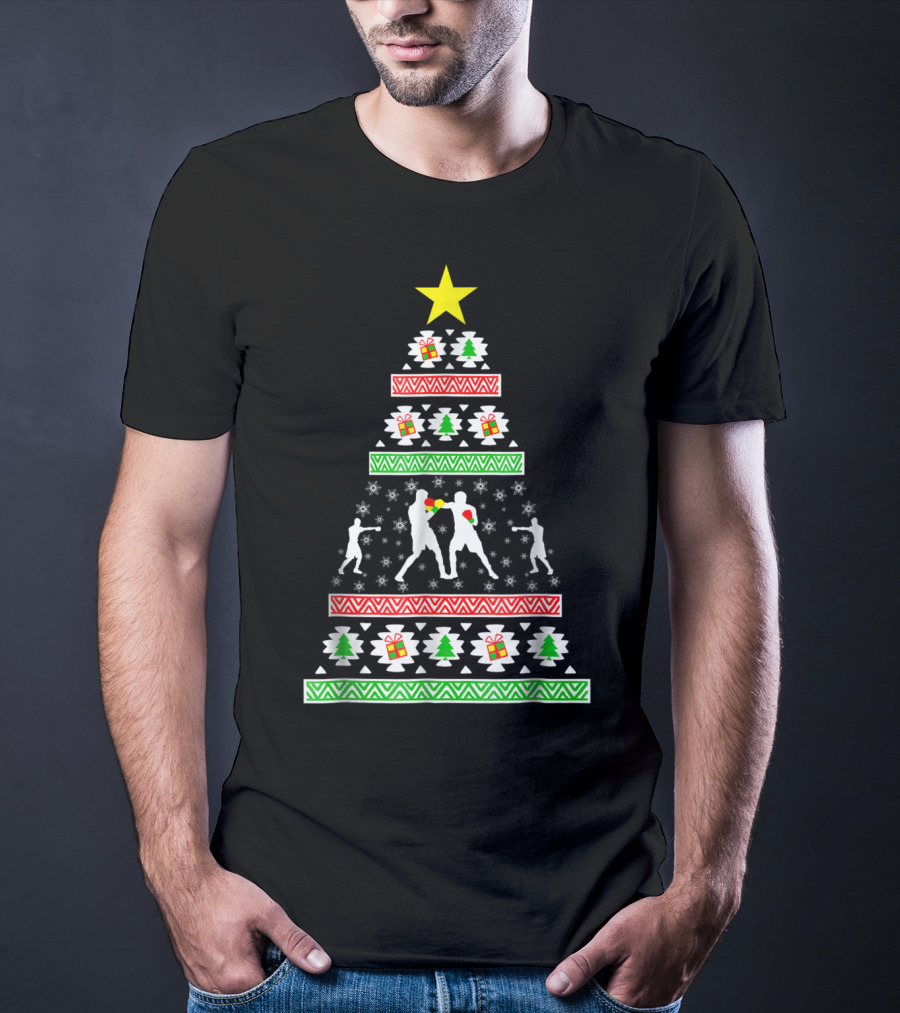 Boxing Ugly Christmas Tree With Boxer Silhouettes For Son Or Dad T-Shirt