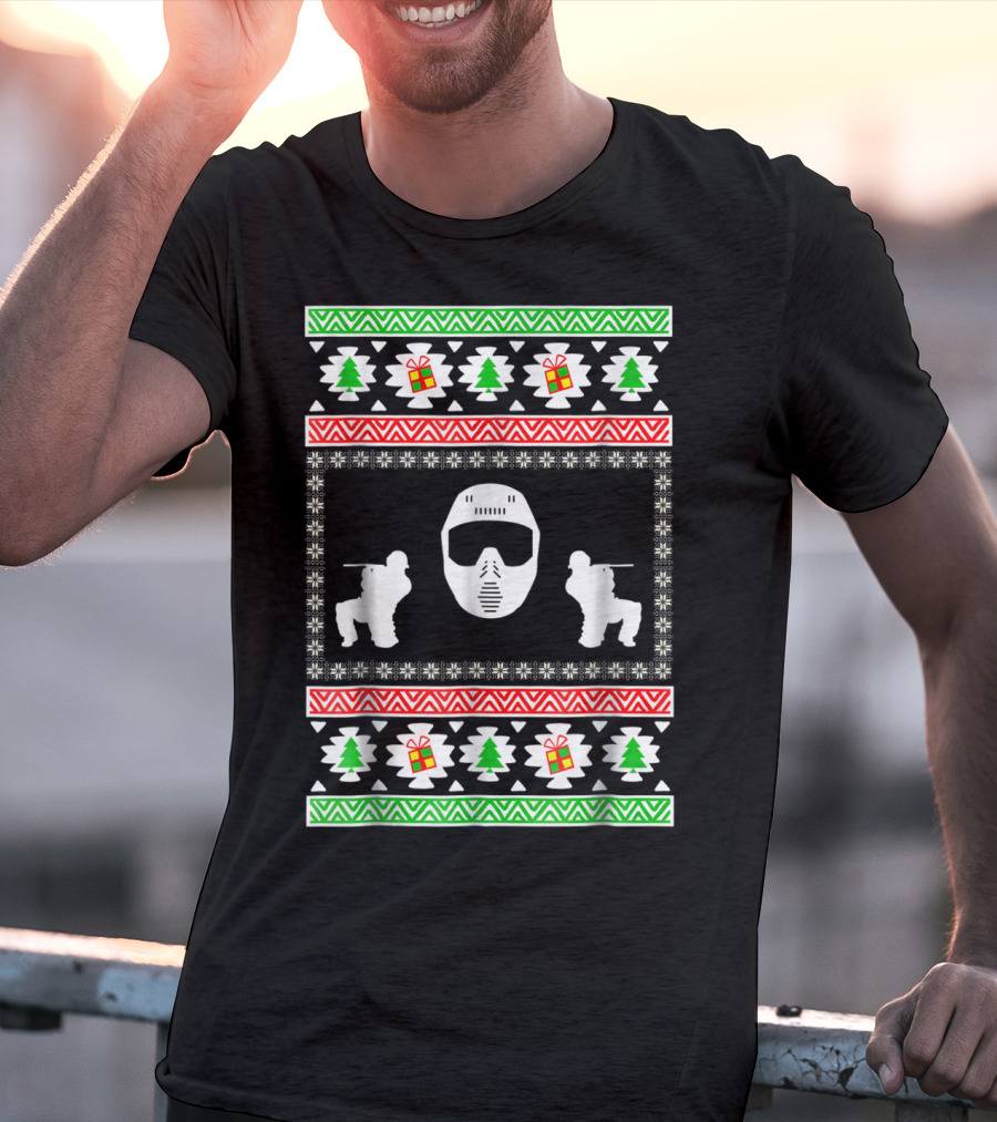 Airsoft Player Ugly Christmas Mask Trees Gifts Merry Holiday T-Shirt