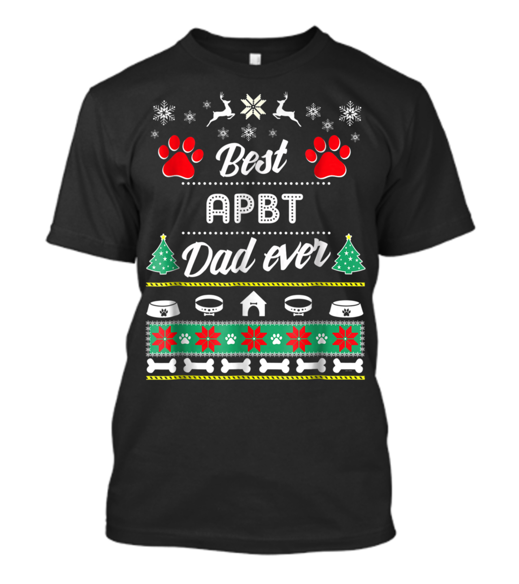 Best APBT Dad Ever Paw Bones Dog House Snowflakes Christmas Trees T-Shirt