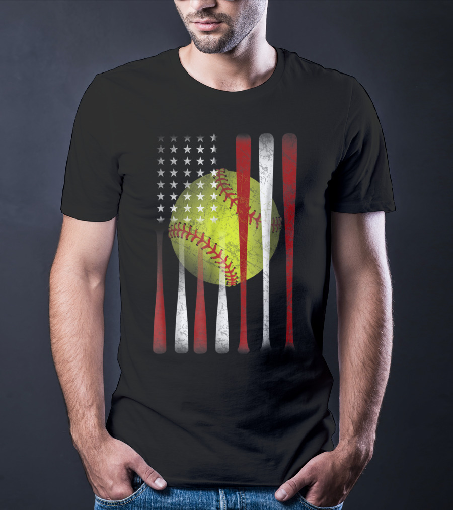 American Flag Softball Vintage Distressed US Flag Bat T-Shirt