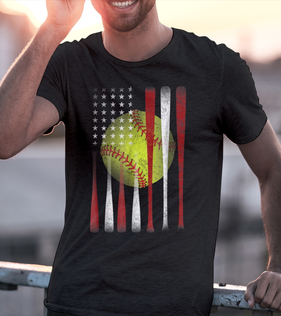American Flag Softball Vintage Distressed US Flag Bat T-Shirt