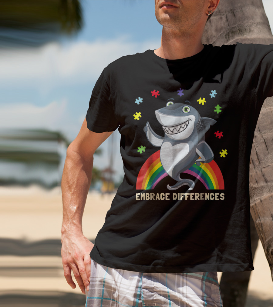 Embrace Differences Autism Awareness Kids Dad Shark Puzzle Piece Rainbow T-Shirt