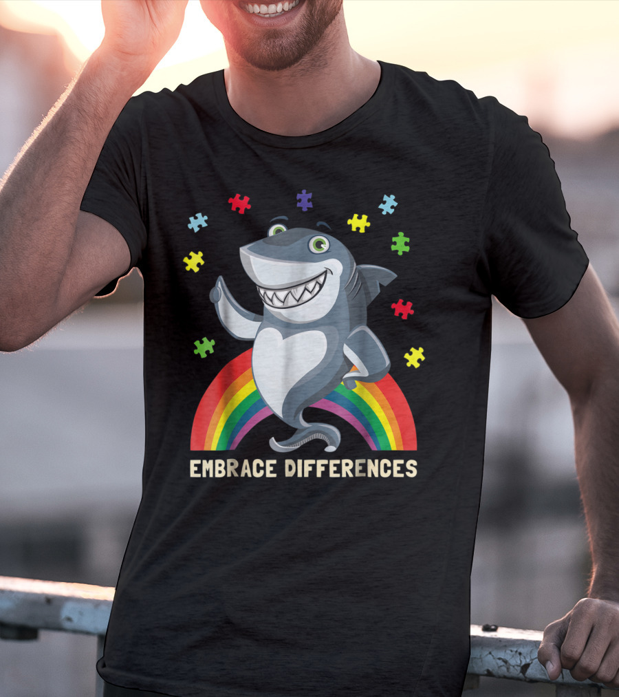 Embrace Differences Autism Awareness Kids Dad Shark Puzzle Piece Rainbow T-Shirt