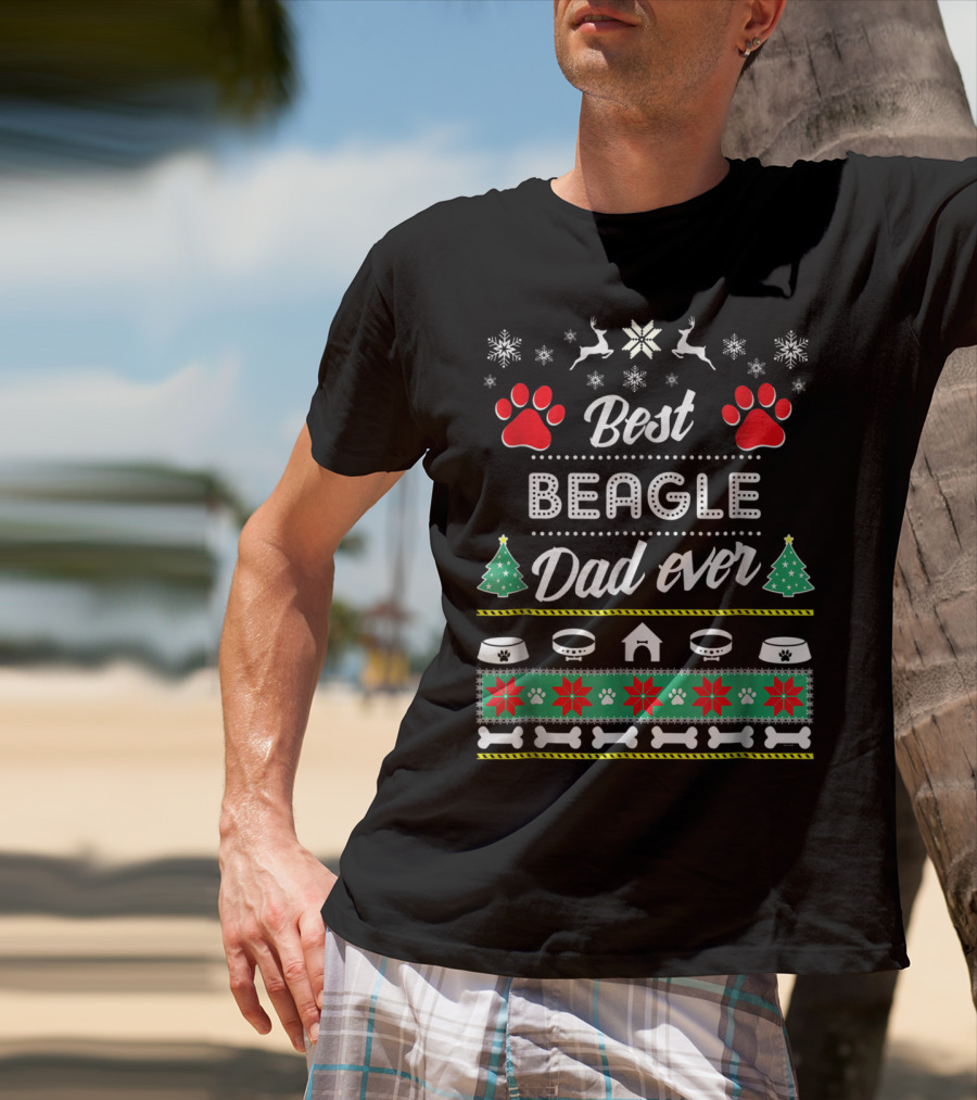 Best Beagle Dad Ever Christmas Paw Prints Dog House Reindeer Snowflakes Bones T-Shirt