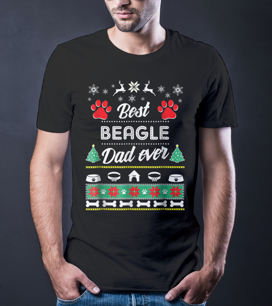 Best Beagle Dad Ever Christmas Paw Prints Dog House Reindeer Snowflakes Bones T-Shirt