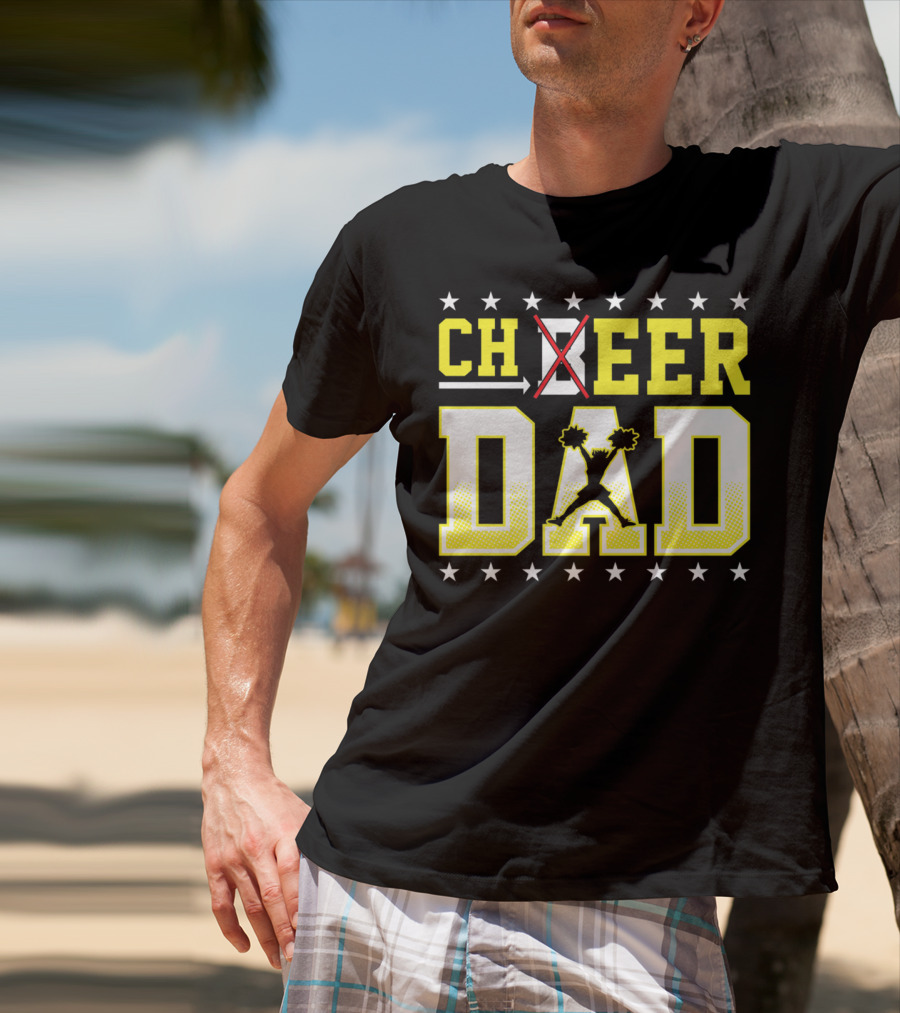 Cheer Dad Beer Dad Bold Text Stars Pom-Pom T-Shirt