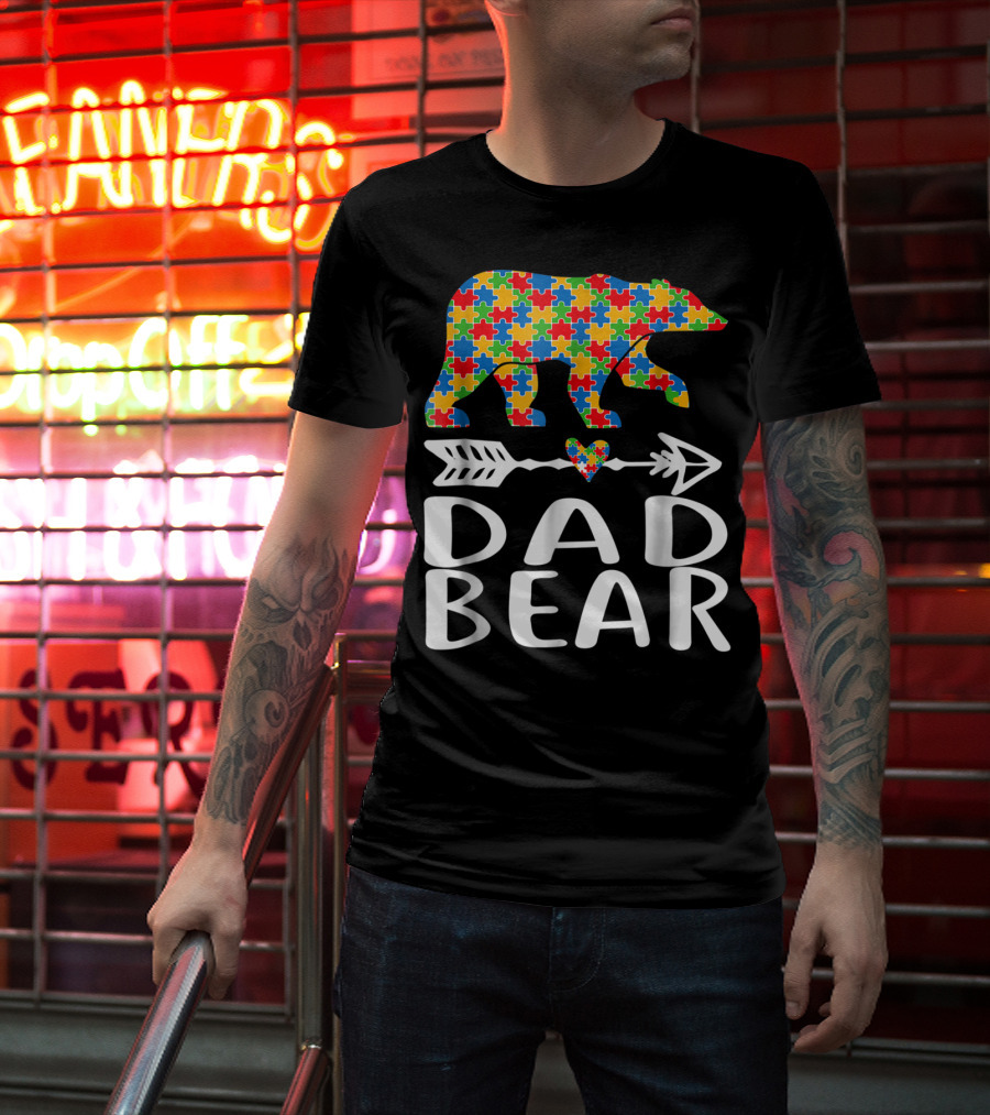 Autism Awareness Bear Puzzle Dad Arrow Heart Family T-Shirt