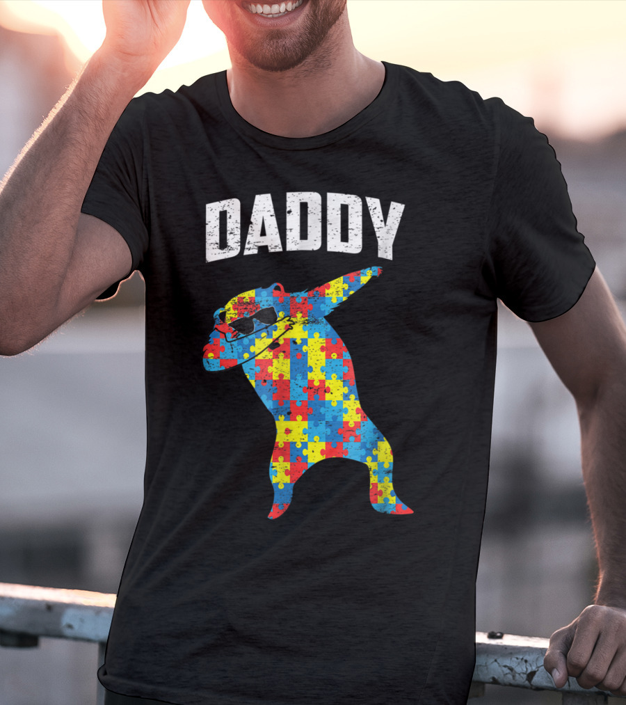 Daddy Bear Autism Puzzle Pattern Dabbing Glasses T-Shirt