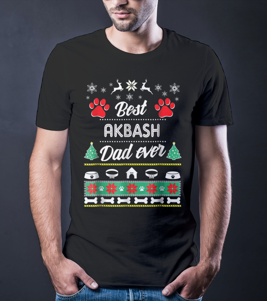 Best Akbash Dad Ever Christmas Snowflakes Reindeer Trees Paws Bones T-Shirt