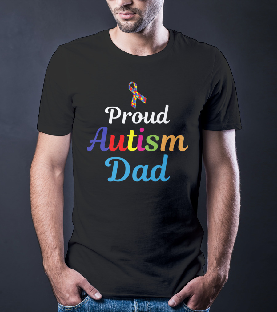 Proud Autism Dad Colorful Puzzle Ribbon Support Grandpa Papa T-Shirt