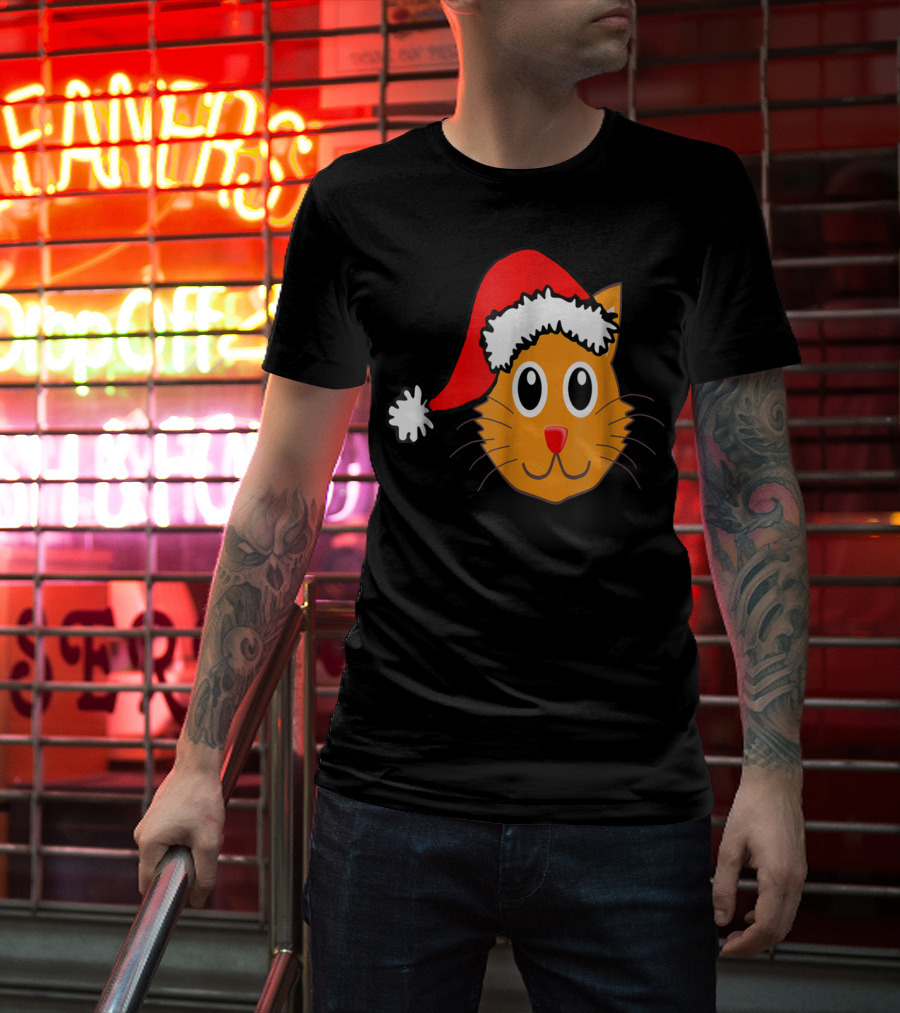 Cat Lover Grandma Kid Grandpa39 Santa Hat Cat Face T-Shirt