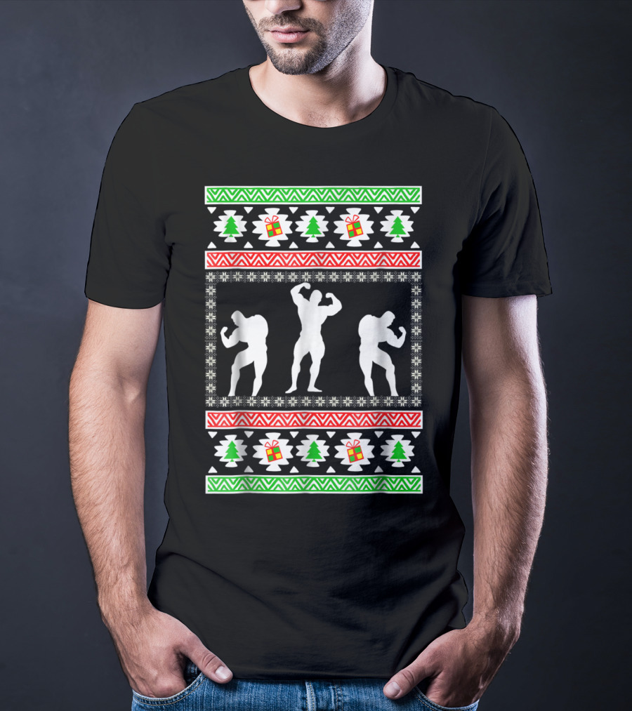 Bodybuilding Christmas Silhouette Trees And Gifts T-Shirt