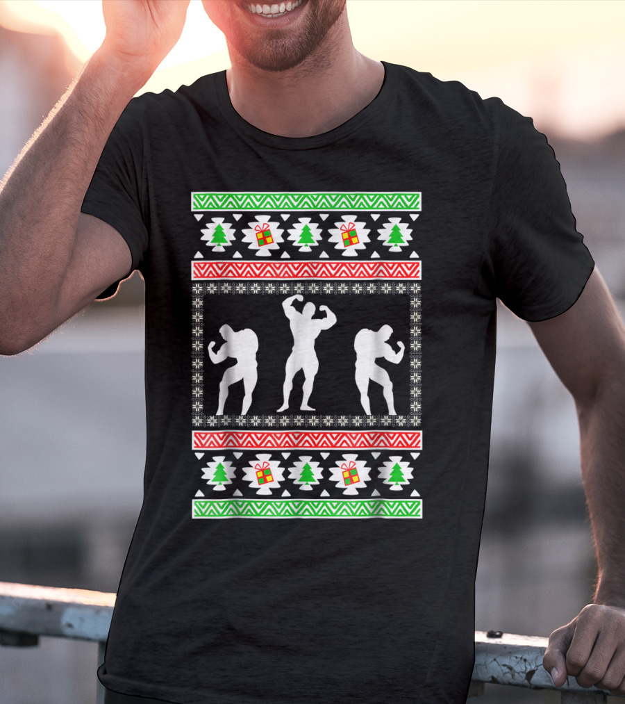 Bodybuilding Christmas Silhouette Trees And Gifts T-Shirt