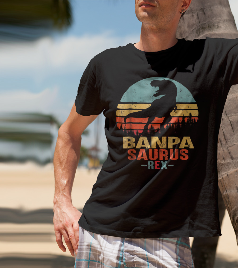 Banpasaurus Rex Dinosaur Men Dad21 Retro Sunset T-Shirt