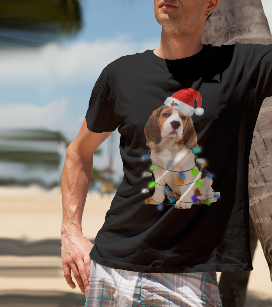 Beagle Wrapped In Christmas Lights With Santa Hat For Mom Women Girl T-Shirt