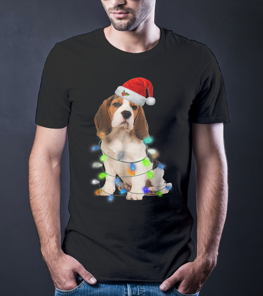 Beagle Wrapped In Christmas Lights With Santa Hat For Mom Women Girl T-Shirt