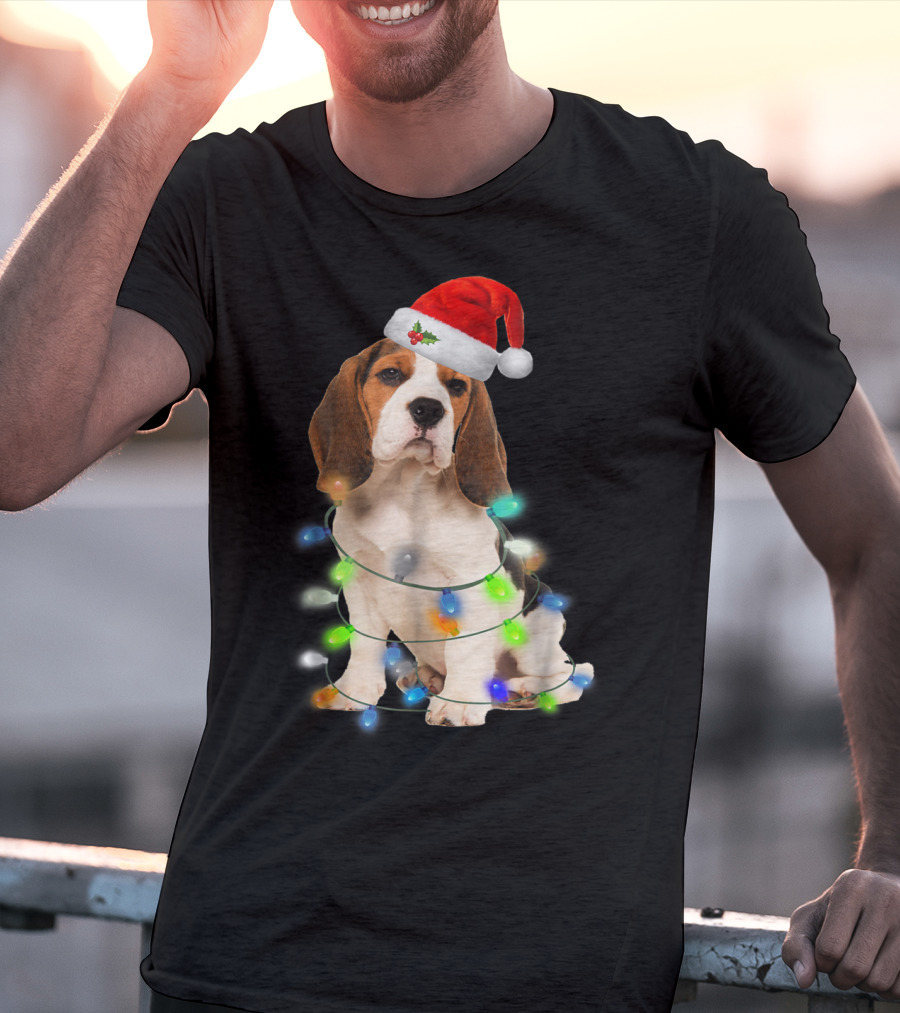 Beagle Wrapped In Christmas Lights With Santa Hat For Mom Women Girl T-Shirt