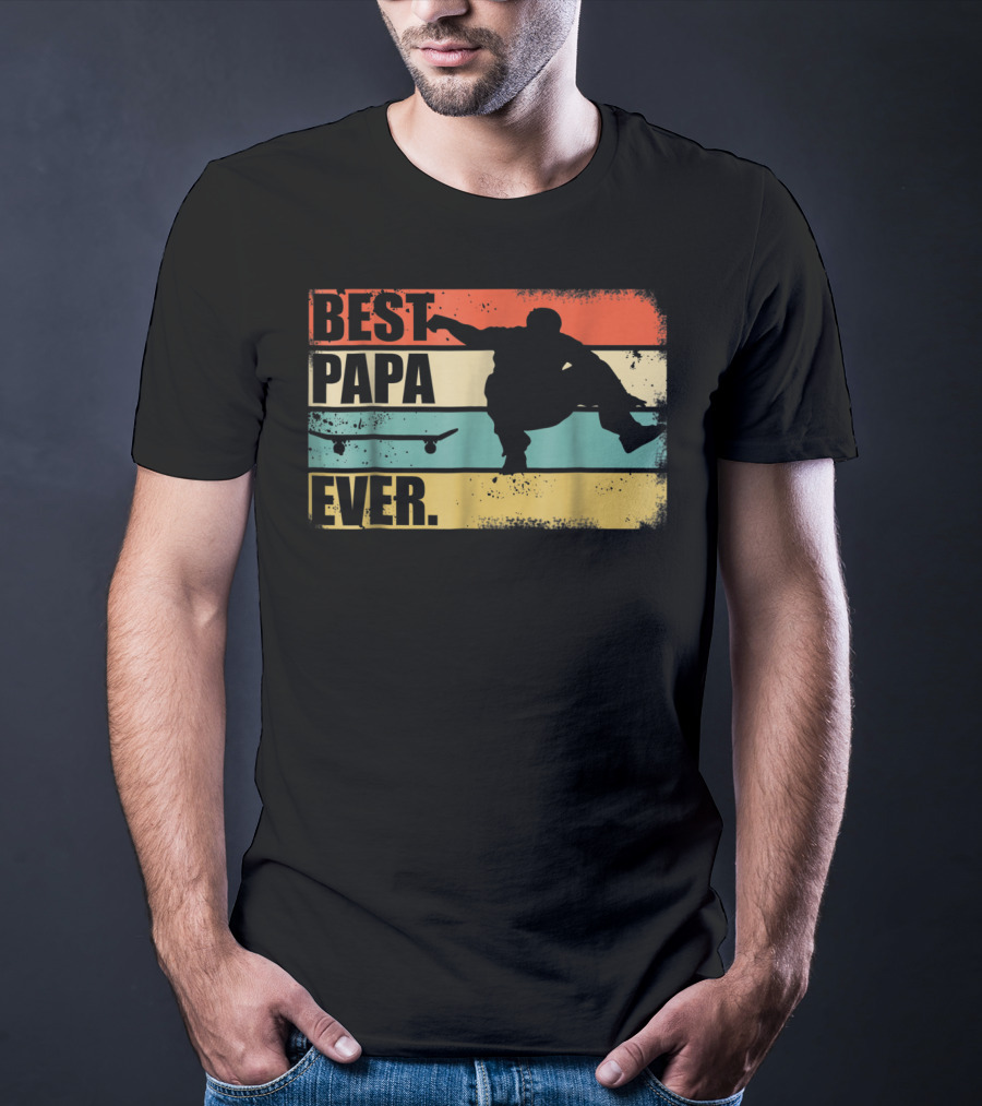 Best Papa Ever Skateboarder Silhouette Retro Stripes T-Shirt
