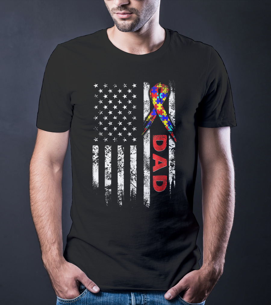 Autism Awareness American Flag Dad Ribbon Puzzle T-Shirt