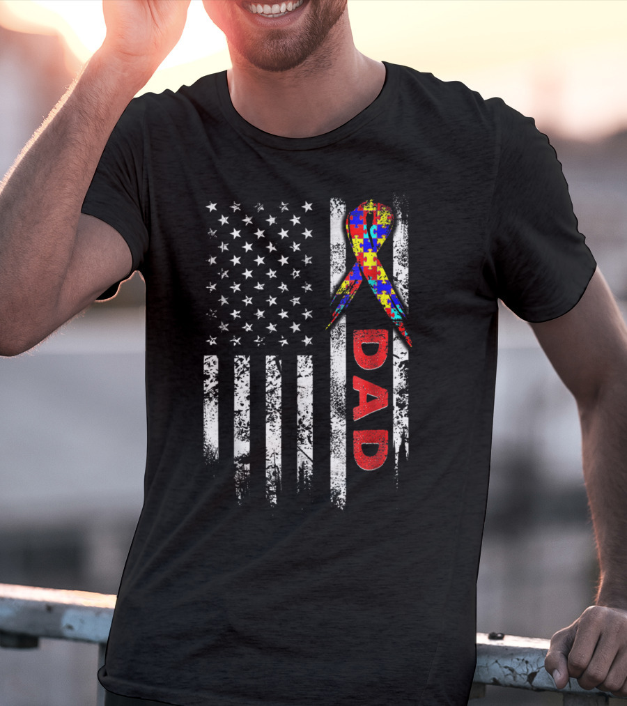 Autism Awareness American Flag Dad Ribbon Puzzle T-Shirt